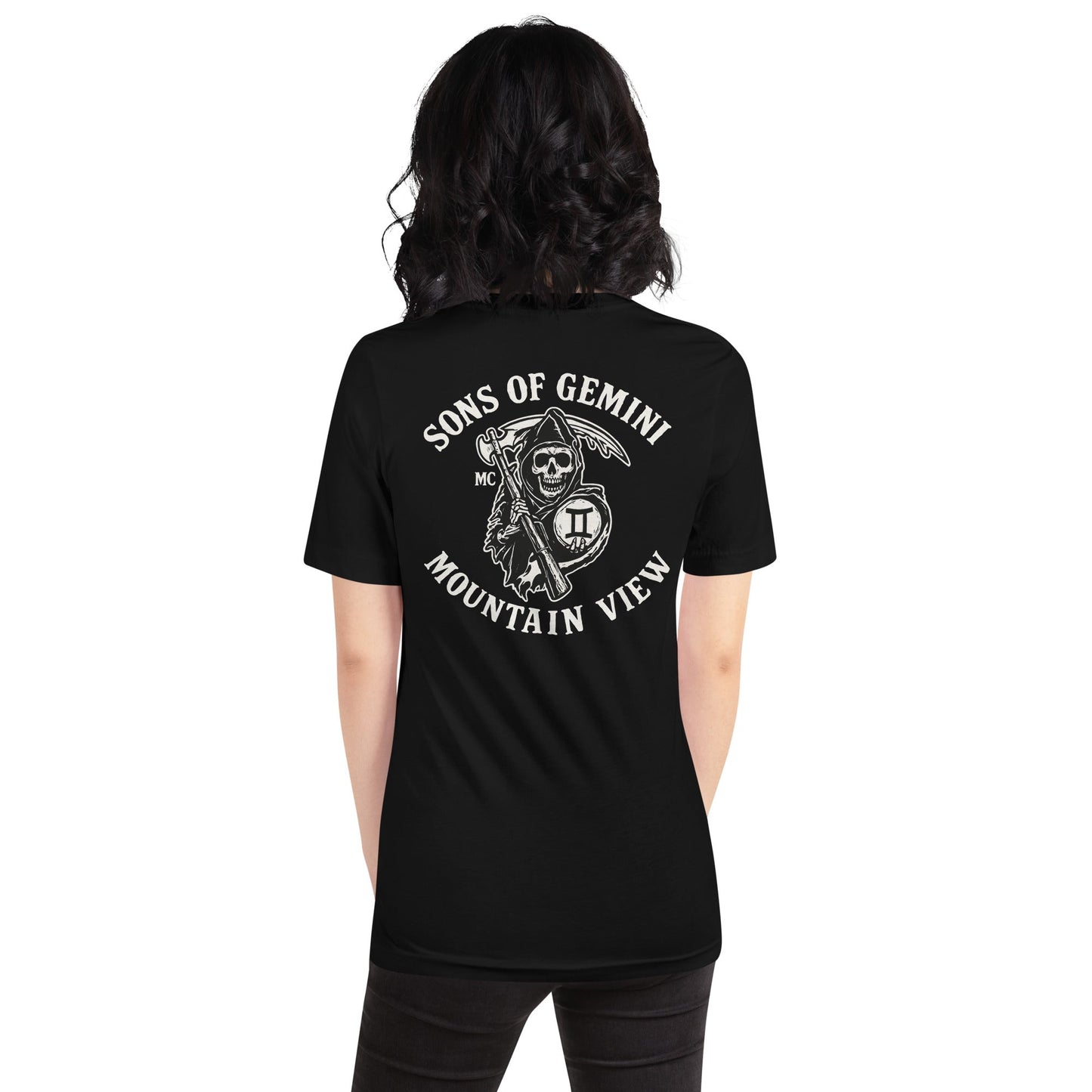 Product mockup photo of the SONS OF GEMINI MOUNTAIN VIEW Biker Patch on Back T Shirt (unisex).