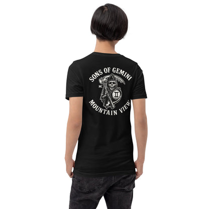 Product mockup photo of the SONS OF GEMINI MOUNTAIN VIEW Biker Patch on Back T Shirt (unisex).