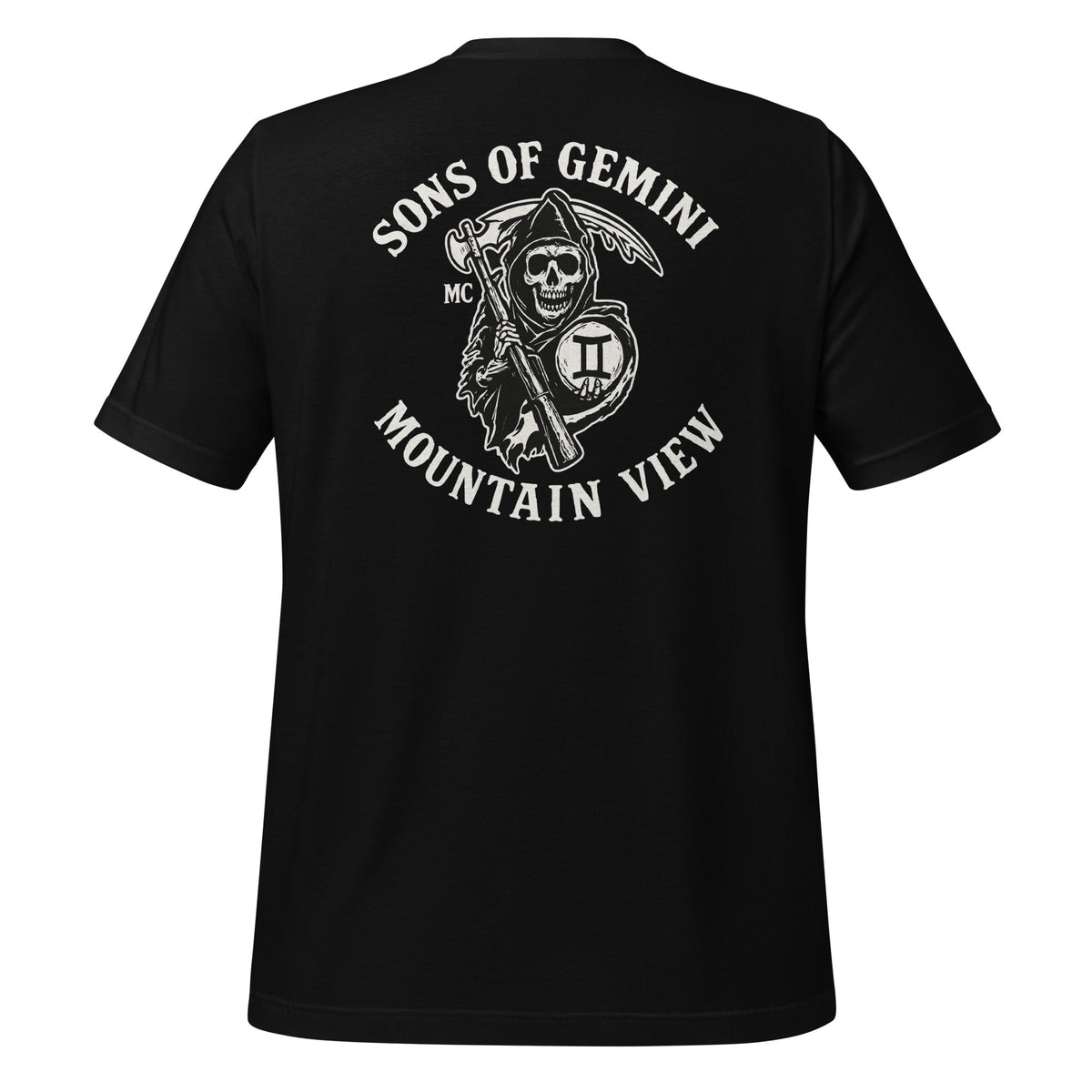 Product mockup photo of the SONS OF GEMINI MOUNTAIN VIEW Biker Patch on Back T Shirt (unisex) Black / M.
