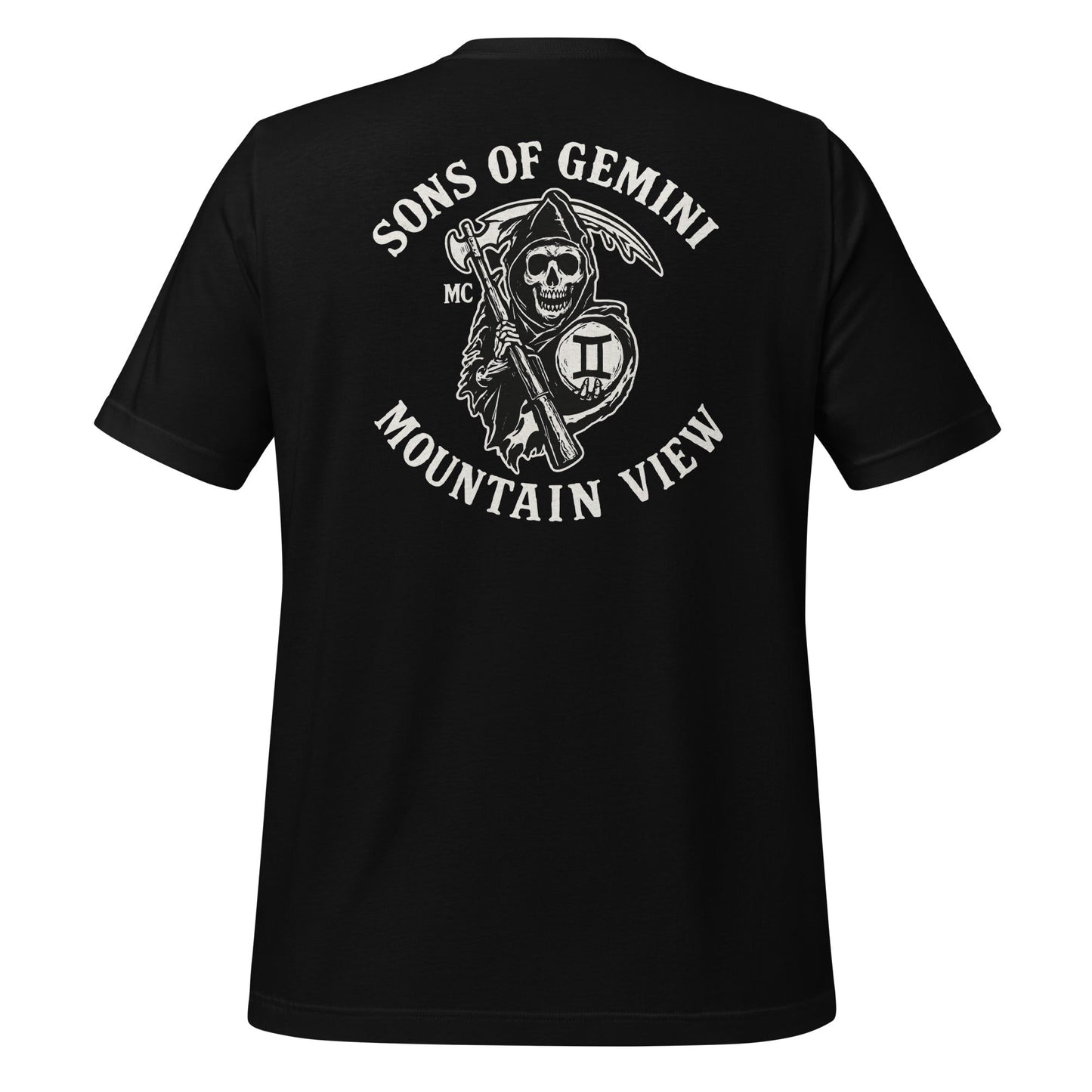 Product mockup photo of the SONS OF GEMINI MOUNTAIN VIEW Biker Patch on Back T Shirt (unisex) Black / M.