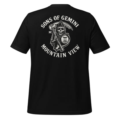 Product mockup photo of the SONS OF GEMINI MOUNTAIN VIEW Biker Patch on Back T Shirt (unisex) Black / M.