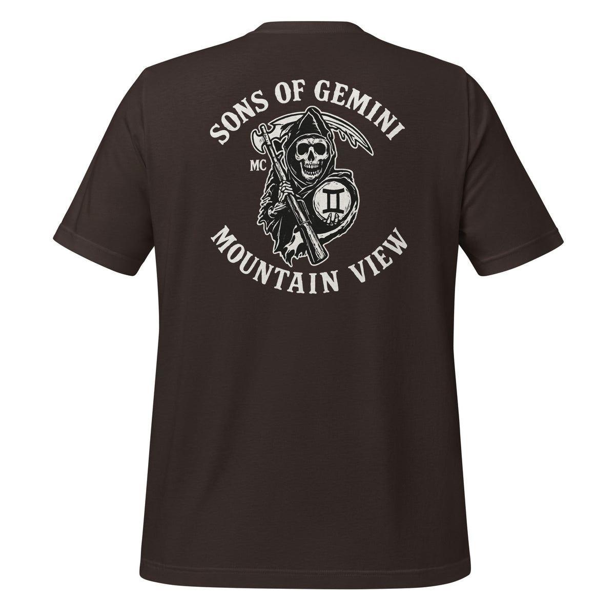 Product mockup photo of the SONS OF GEMINI MOUNTAIN VIEW Biker Patch on Back T Shirt (unisex) Brown / M.