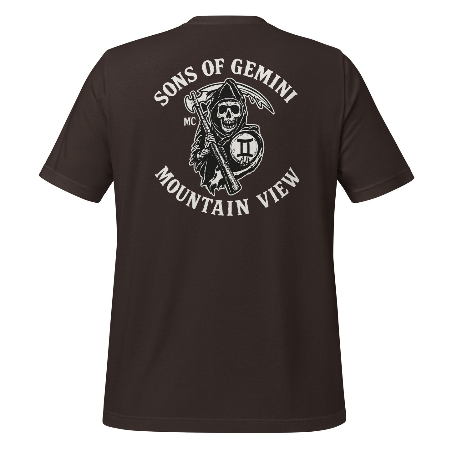 Product mockup photo of the SONS OF GEMINI MOUNTAIN VIEW Biker Patch on Back T Shirt (unisex) Brown / M.