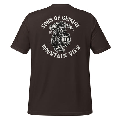 Product mockup photo of the SONS OF GEMINI MOUNTAIN VIEW Biker Patch on Back T Shirt (unisex) Brown / M.
