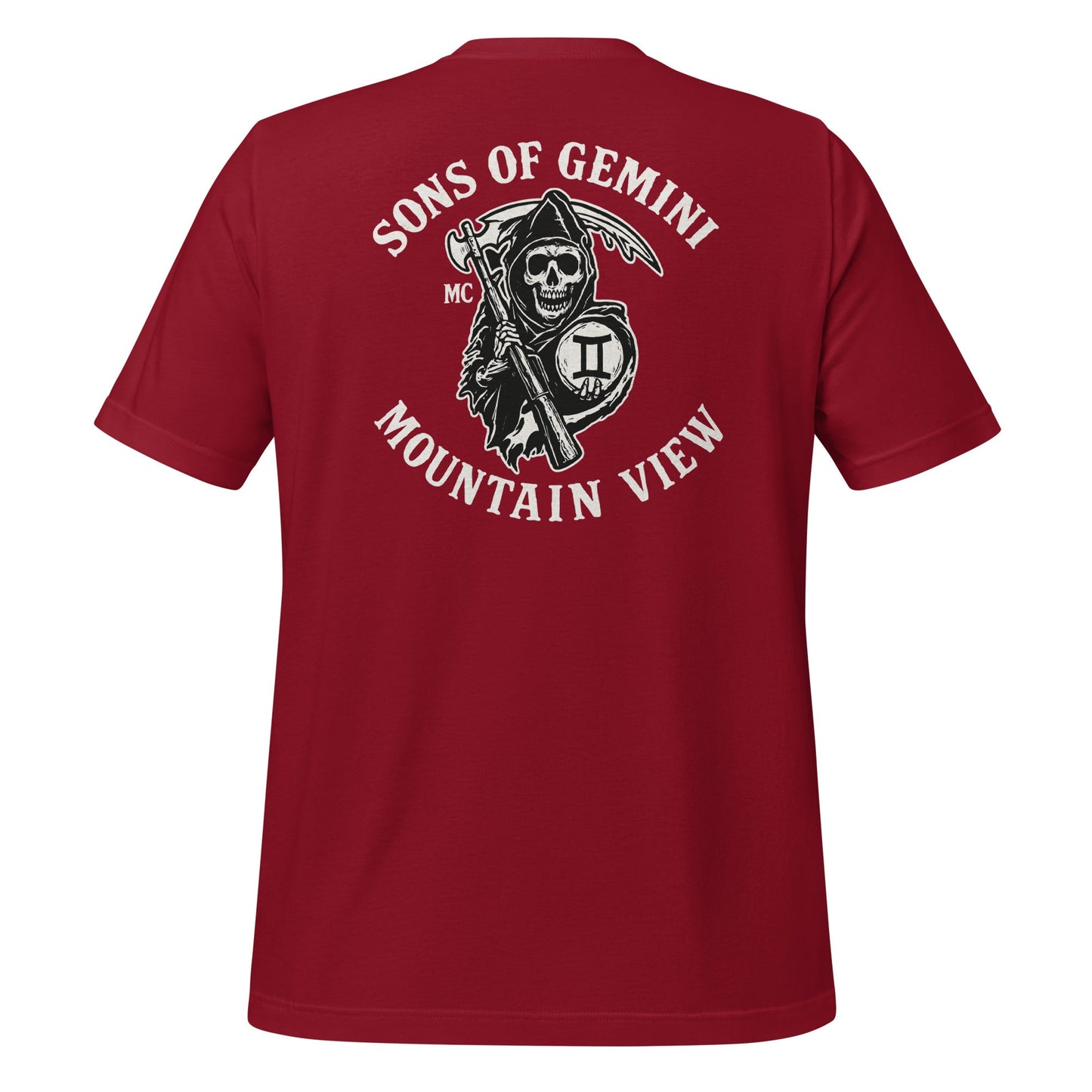 Product mockup photo of the SONS OF GEMINI MOUNTAIN VIEW Biker Patch on Back T Shirt (unisex) Cardinal / M.