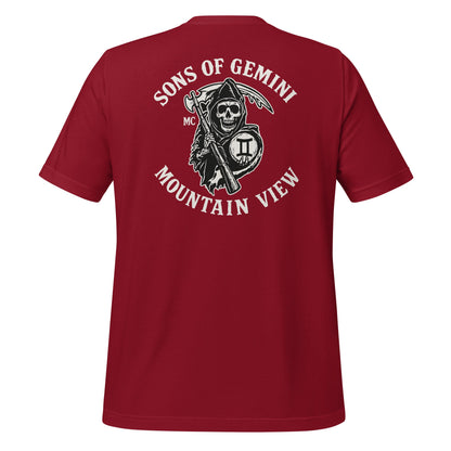 Product mockup photo of the SONS OF GEMINI MOUNTAIN VIEW Biker Patch on Back T Shirt (unisex) Cardinal / M.