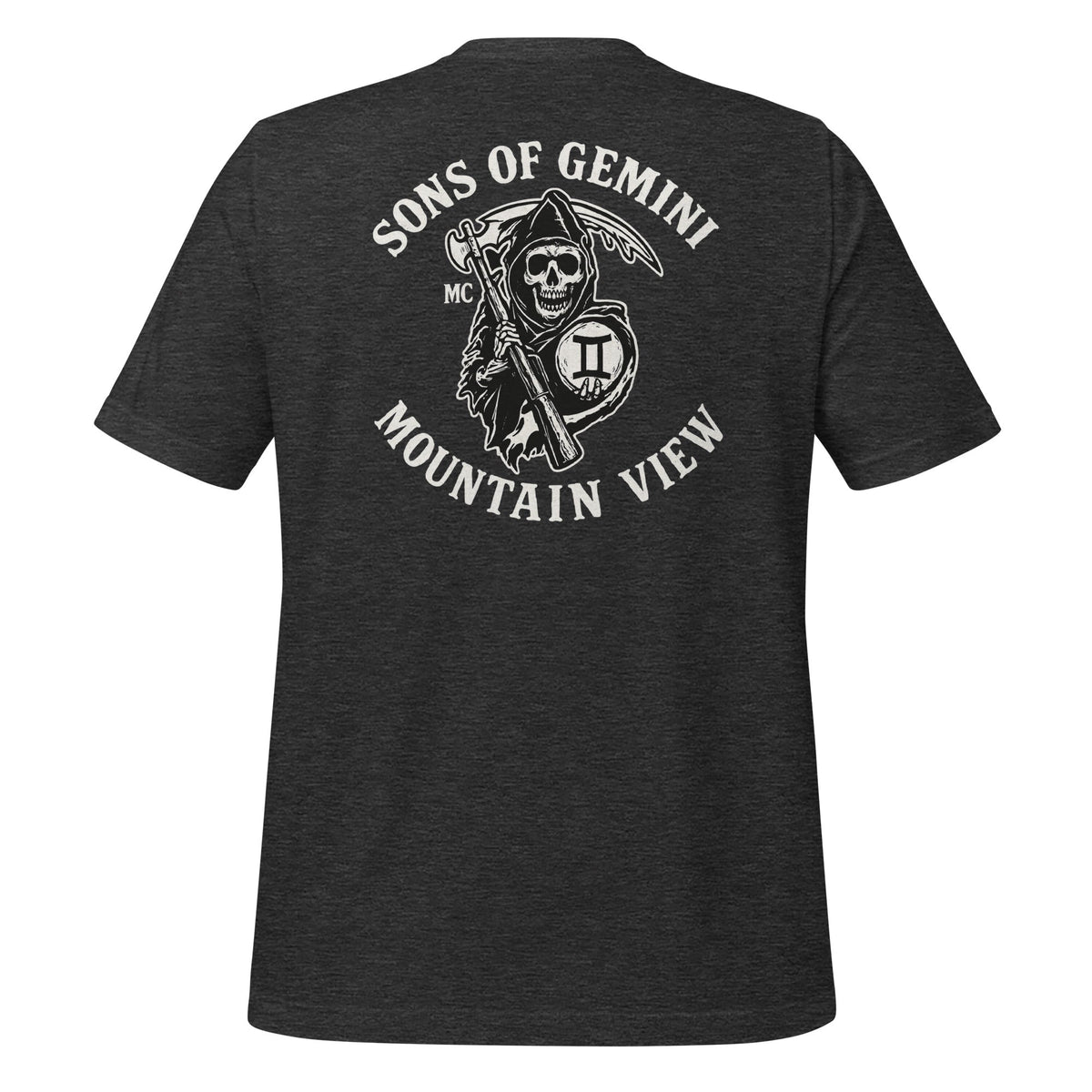 Product mockup photo of the SONS OF GEMINI MOUNTAIN VIEW Biker Patch on Back T Shirt (unisex) Dark Grey Heather / M.