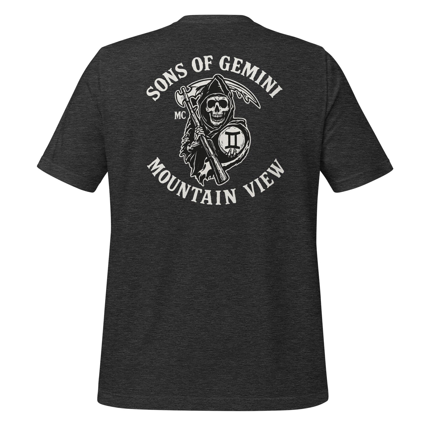 Product mockup photo of the SONS OF GEMINI MOUNTAIN VIEW Biker Patch on Back T Shirt (unisex) Dark Grey Heather / M.