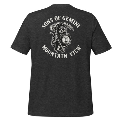 Product mockup photo of the SONS OF GEMINI MOUNTAIN VIEW Biker Patch on Back T Shirt (unisex) Dark Grey Heather / M.