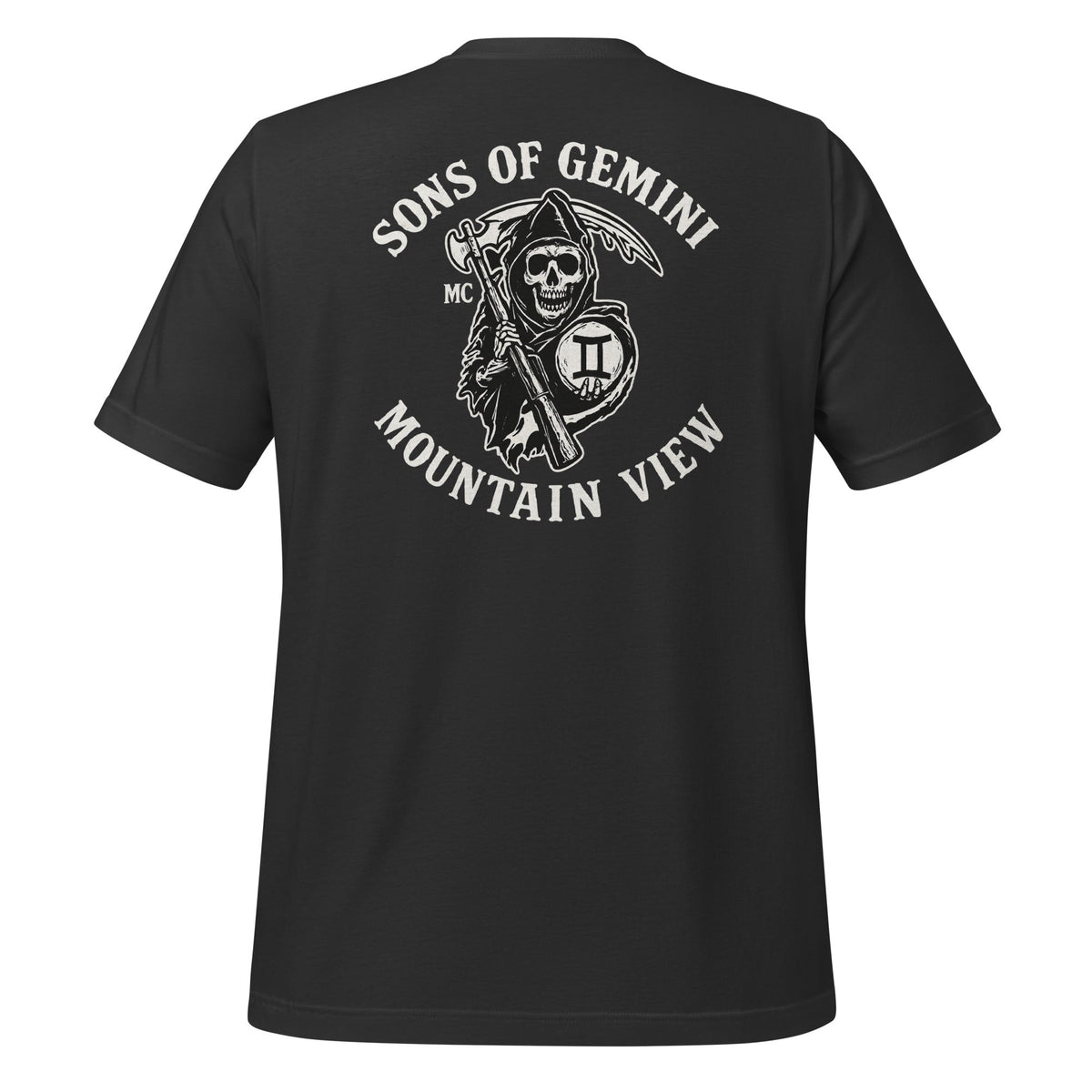 Product mockup photo of the SONS OF GEMINI MOUNTAIN VIEW Biker Patch on Back T Shirt (unisex) Dark Grey / M.