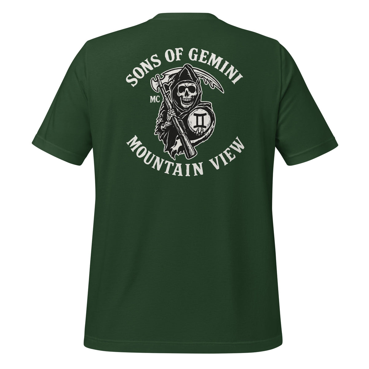 Product mockup photo of the SONS OF GEMINI MOUNTAIN VIEW Biker Patch on Back T Shirt (unisex) Forest / M.