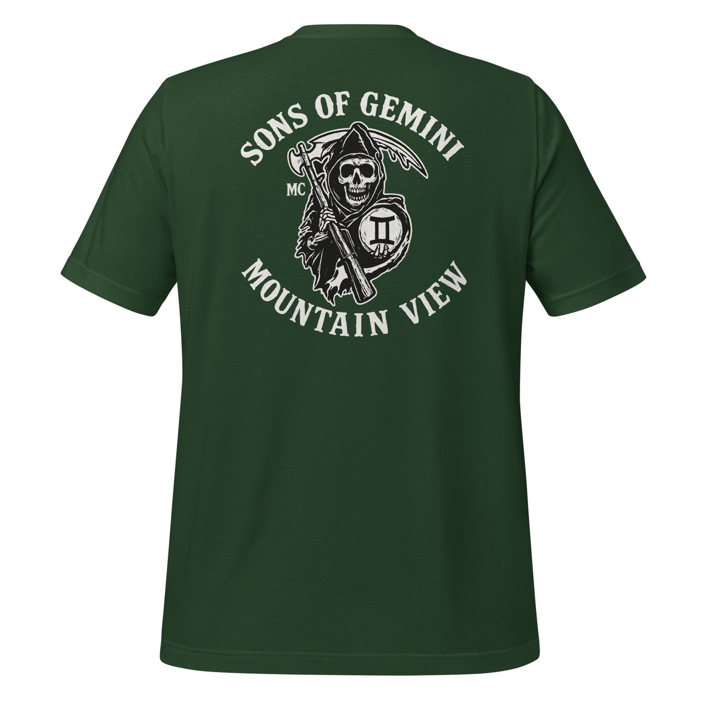 Product mockup photo of the SONS OF GEMINI MOUNTAIN VIEW Biker Patch on Back T Shirt (unisex) Forest / M.