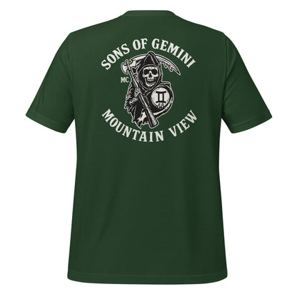 Product mockup photo of the SONS OF GEMINI MOUNTAIN VIEW Biker Patch on Back T Shirt (unisex) Forest / M.