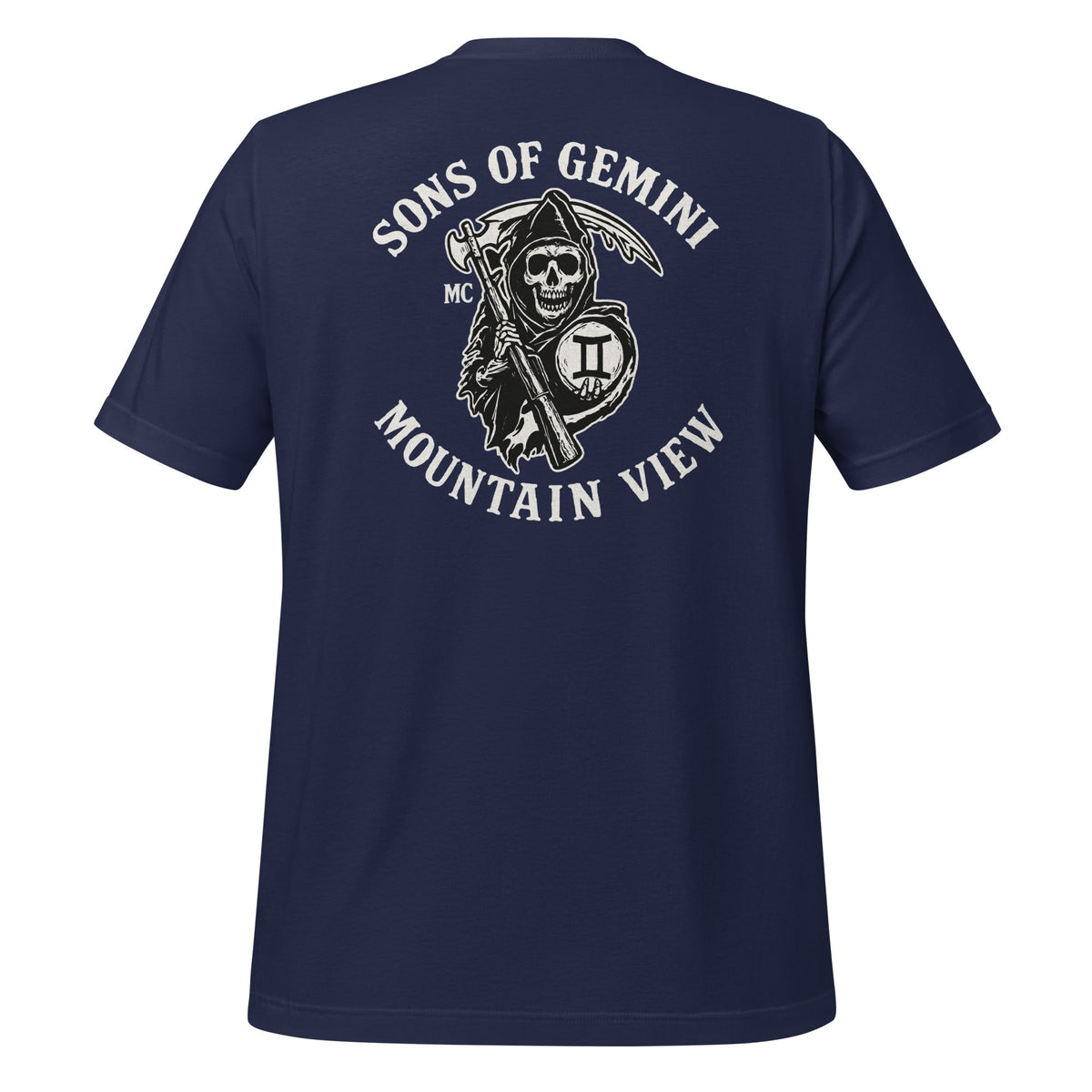 Product mockup photo of the SONS OF GEMINI MOUNTAIN VIEW Biker Patch on Back T Shirt (unisex) Navy / M.