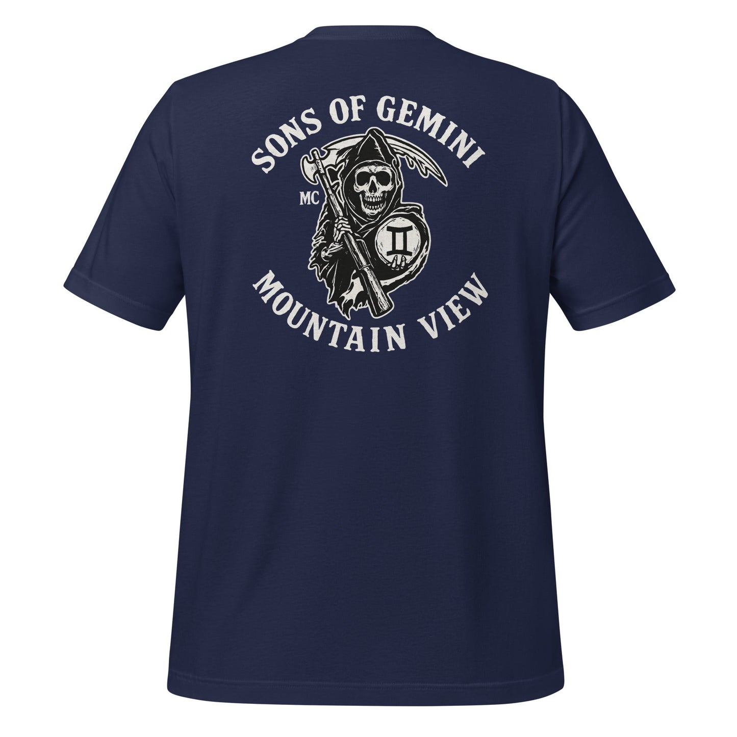 Product mockup photo of the SONS OF GEMINI MOUNTAIN VIEW Biker Patch on Back T Shirt (unisex) Navy / M.