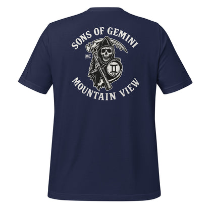 Product mockup photo of the SONS OF GEMINI MOUNTAIN VIEW Biker Patch on Back T Shirt (unisex) Navy / M.