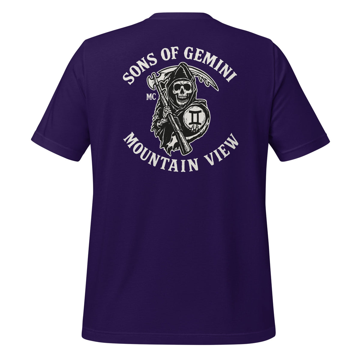 Product mockup photo of the SONS OF GEMINI MOUNTAIN VIEW Biker Patch on Back T Shirt (unisex) Team Purple / M.