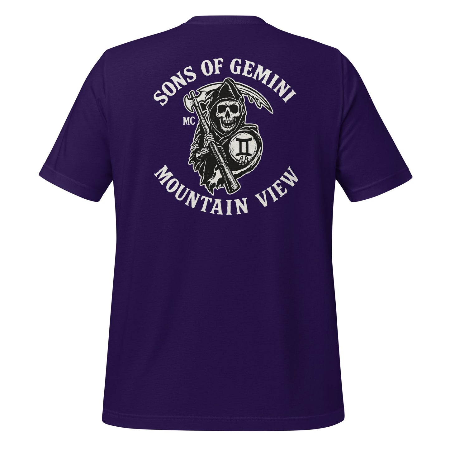 Product mockup photo of the SONS OF GEMINI MOUNTAIN VIEW Biker Patch on Back T Shirt (unisex) Team Purple / M.