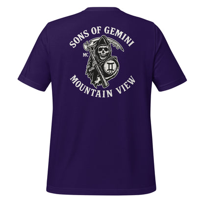 Product mockup photo of the SONS OF GEMINI MOUNTAIN VIEW Biker Patch on Back T Shirt (unisex) Team Purple / M.