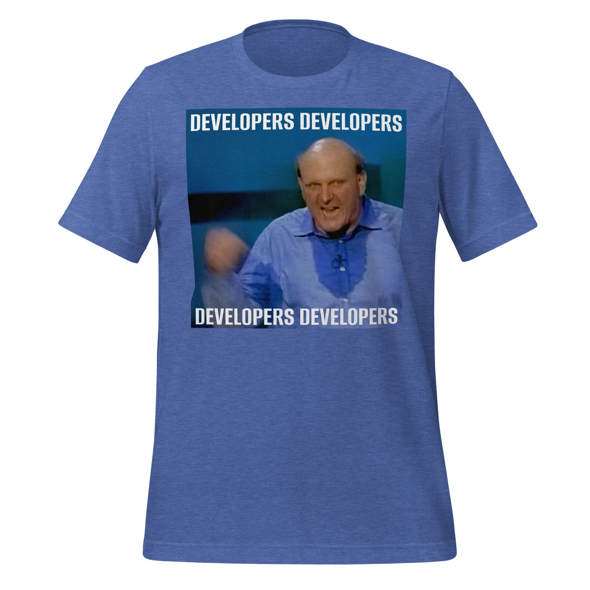 Image of the Steve Ballmer Developers x 4 T-Shirt (unisex) Heather True Royal / M.
