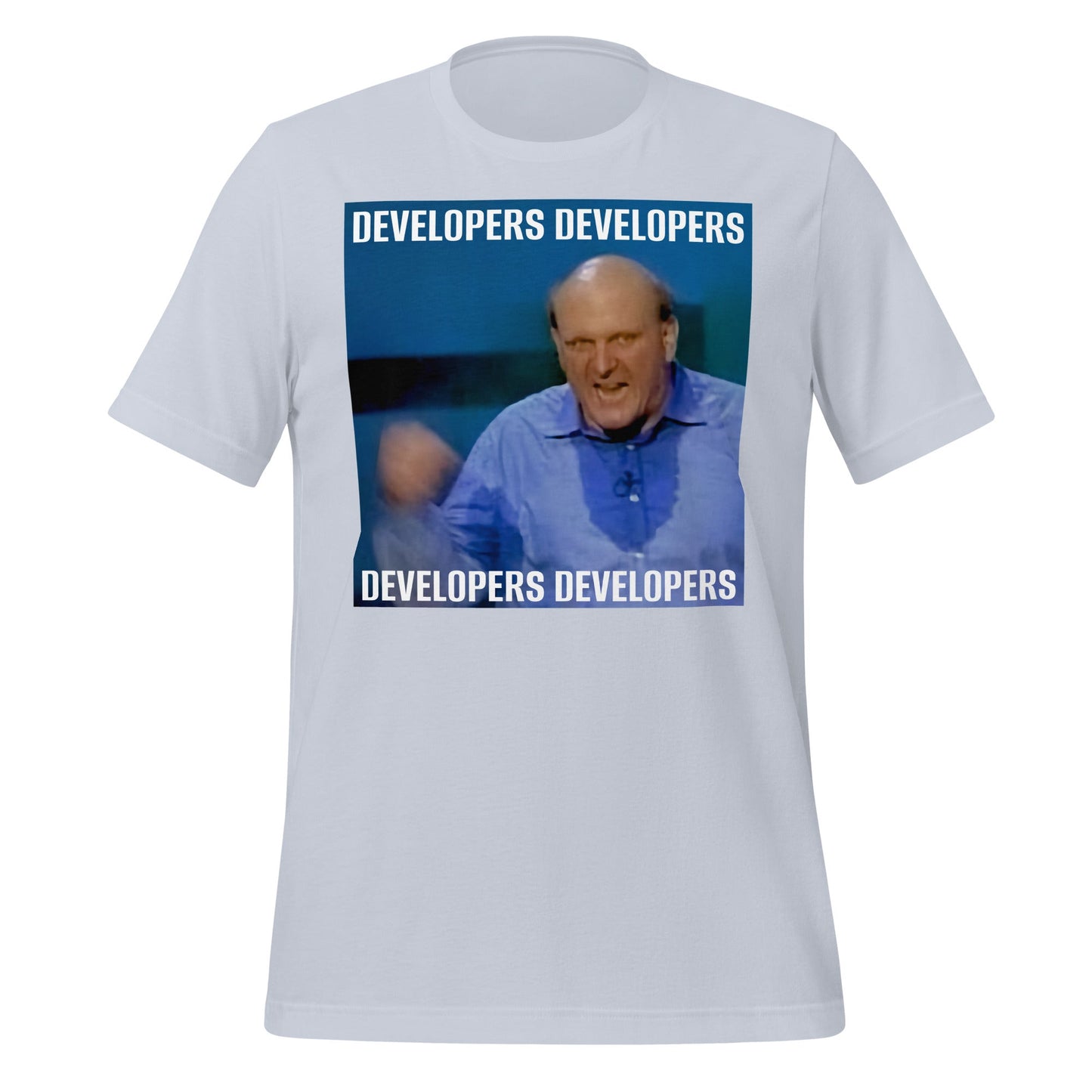 Image of the Steve Ballmer Developers x 4 T-Shirt (unisex) Light Blue / M.