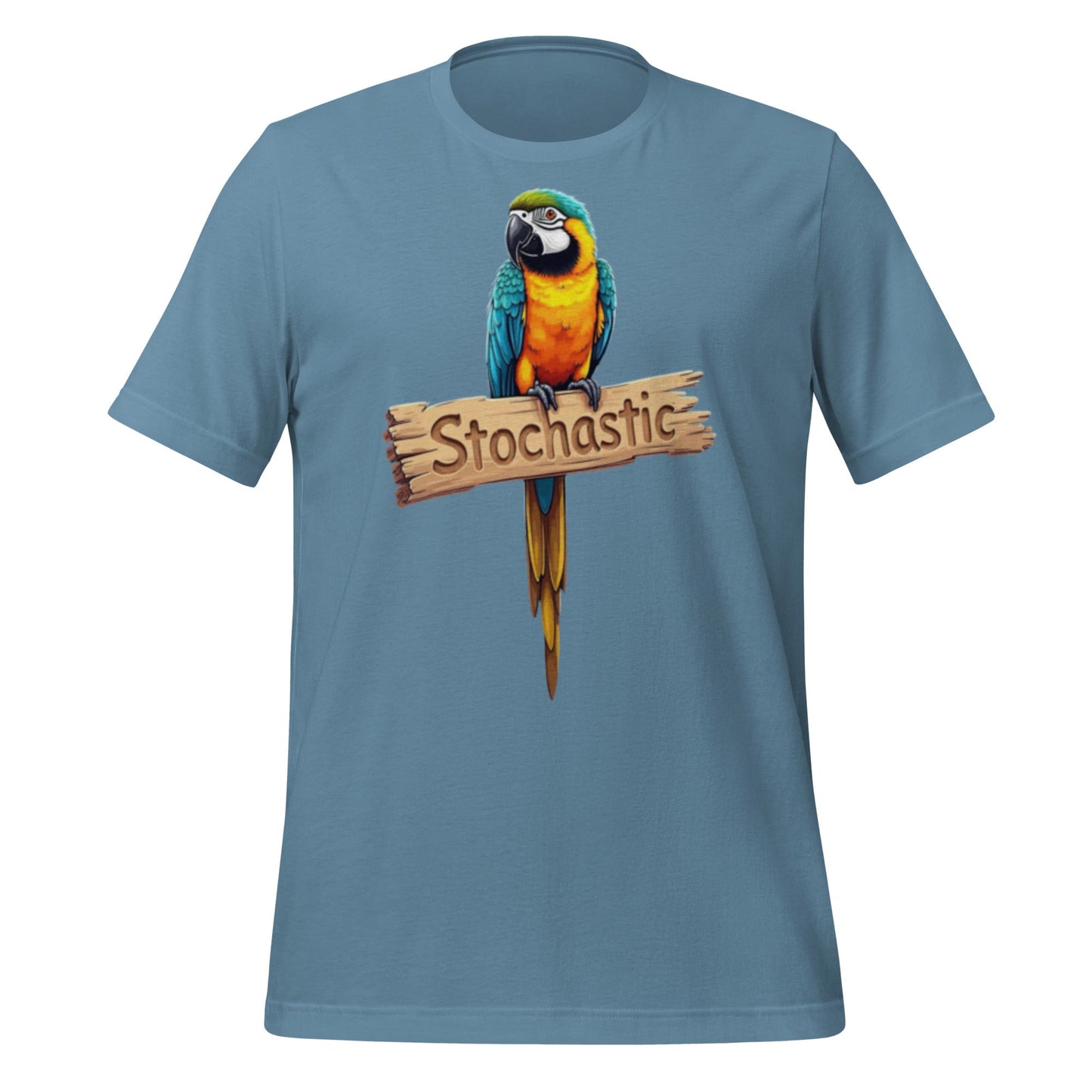 Mockup image of the Stochastic Parrot T Shirt 4 (unisex) Steel Blue / M.