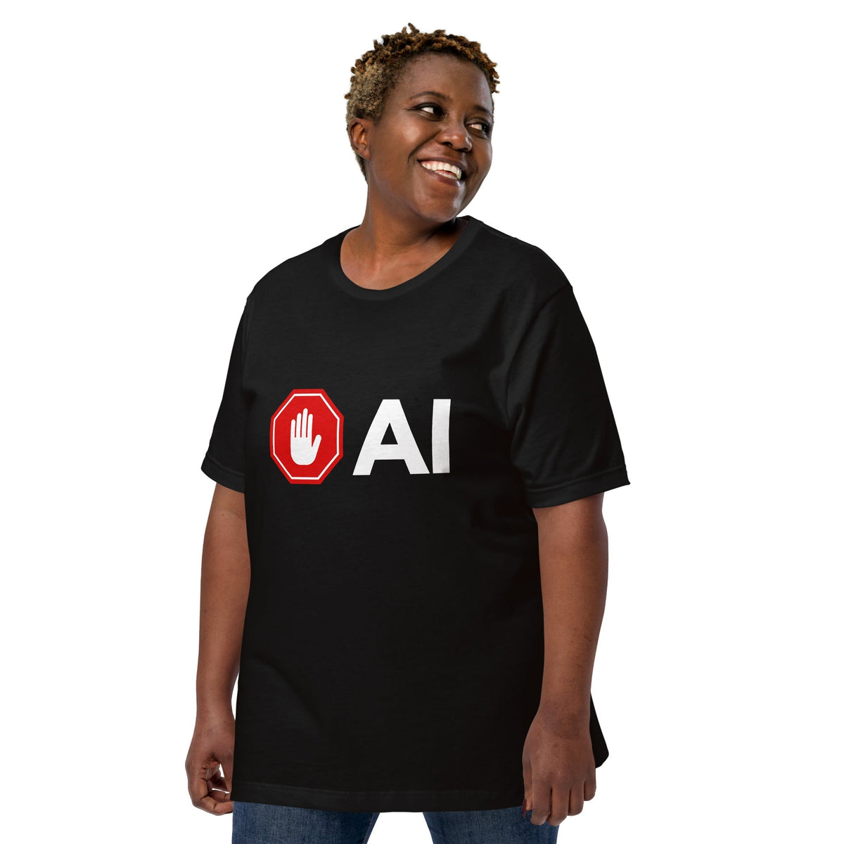 Product mockup photo of the Stop AI Hand T Shirt (unisex).