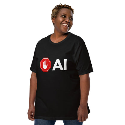 Product mockup photo of the Stop AI Hand T Shirt (unisex).