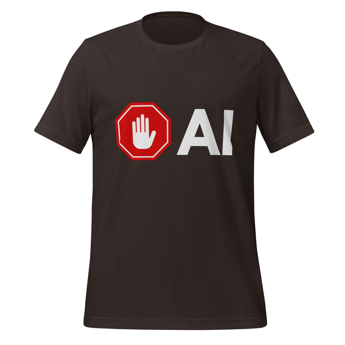 Product mockup photo of the Stop AI Hand T Shirt (unisex) Brown / M.