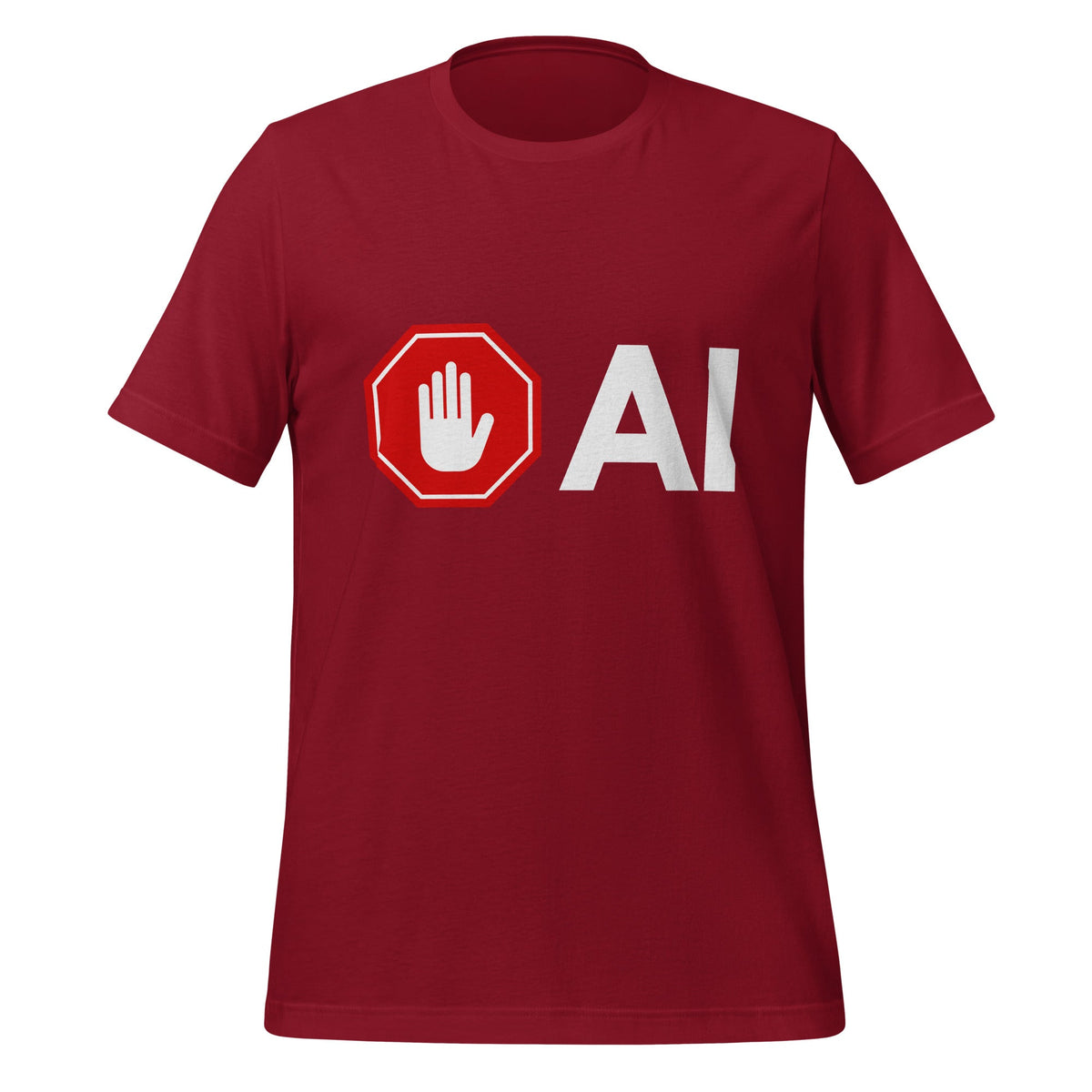 Product mockup photo of the Stop AI Hand T Shirt (unisex) Cardinal / M.