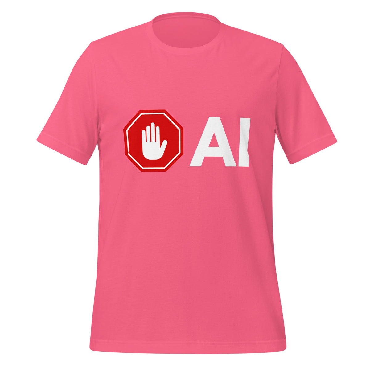 Product mockup photo of the Stop AI Hand T Shirt (unisex) Charity Pink / M.