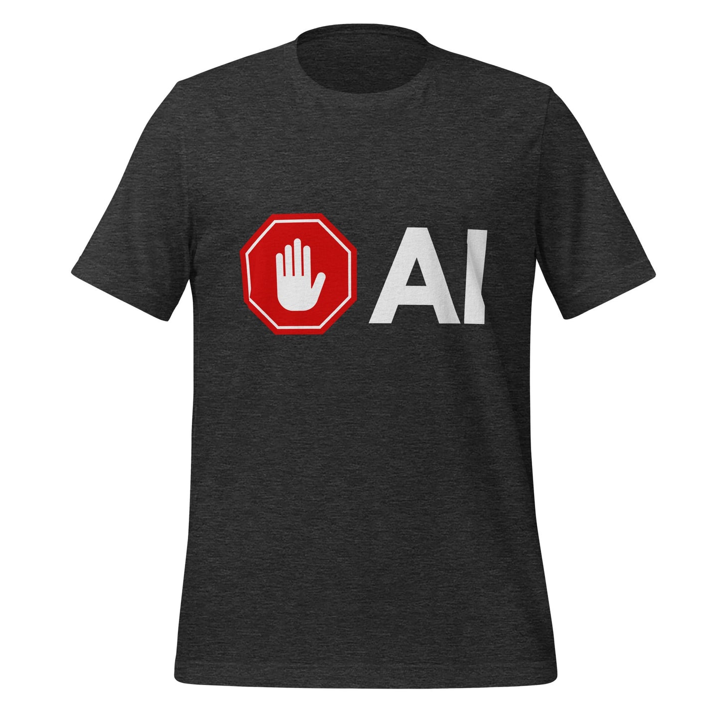 Product mockup photo of the Stop AI Hand T Shirt (unisex) Dark Grey Heather / M.