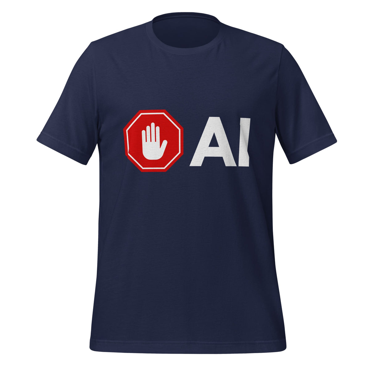 Product mockup photo of the Stop AI Hand T Shirt (unisex) Navy / M.