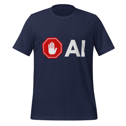 Product mockup photo of the Stop AI Hand T Shirt (unisex) Navy / M.