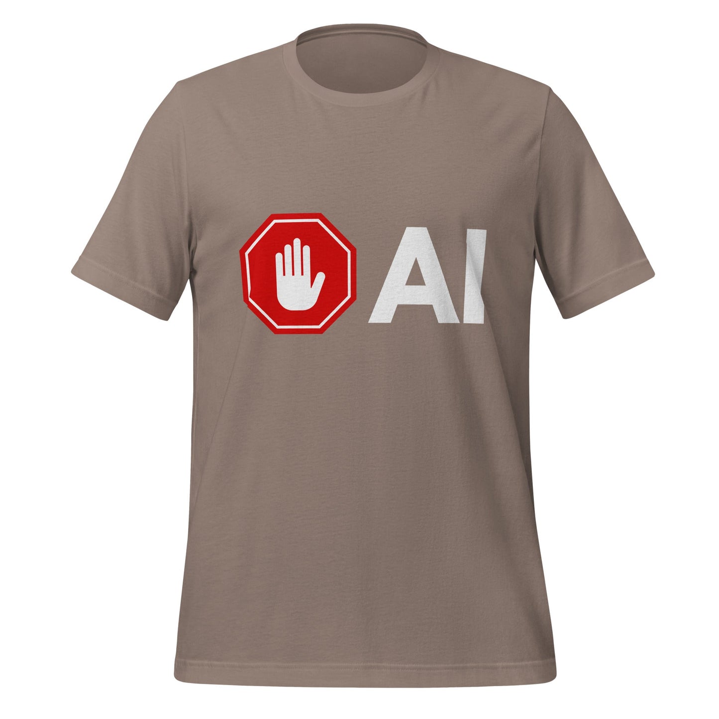 Product mockup photo of the Stop AI Hand T Shirt (unisex) Pebble / M.