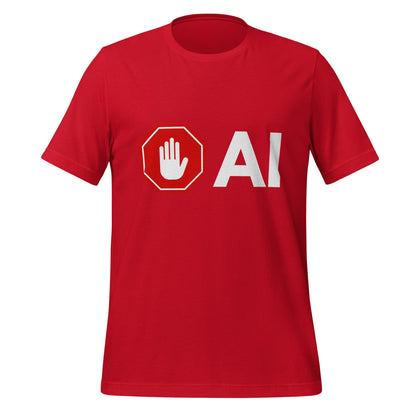 Product mockup photo of the Stop AI Hand T Shirt (unisex) Red / M.