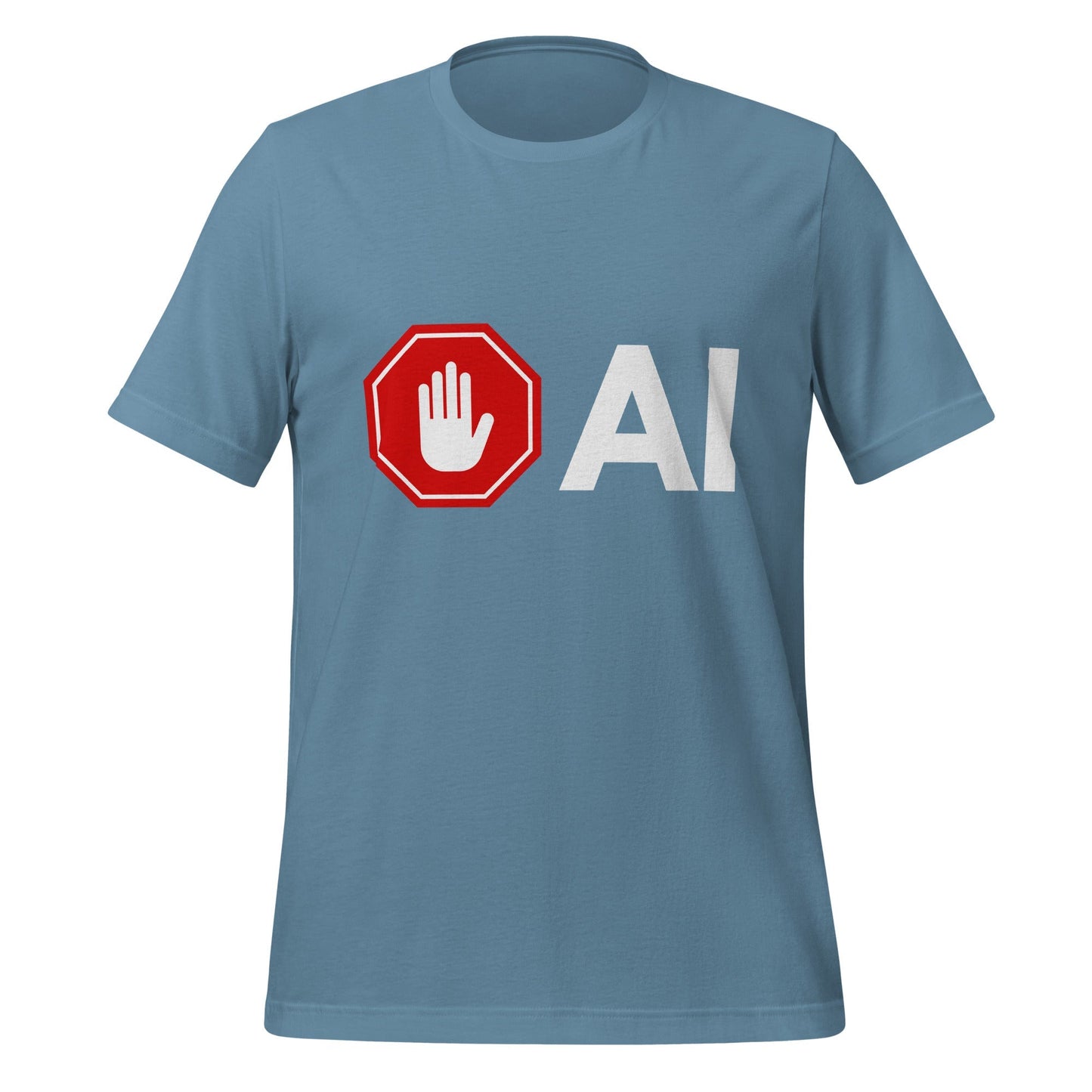 Product mockup photo of the Stop AI Hand T Shirt (unisex) Steel Blue / M.