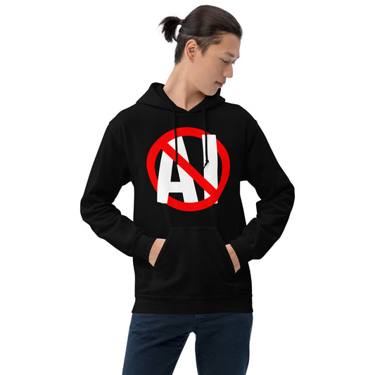 Product mockup photo of the Stop AI Hoodie (unisex).