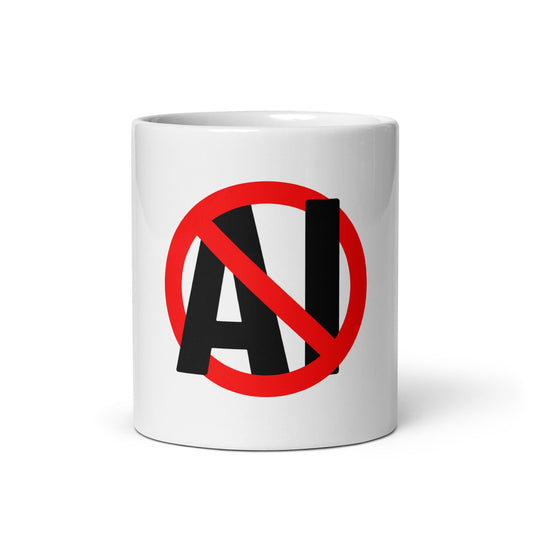 Image of the Stop AI in Black on White Glossy Mug 11 oz.