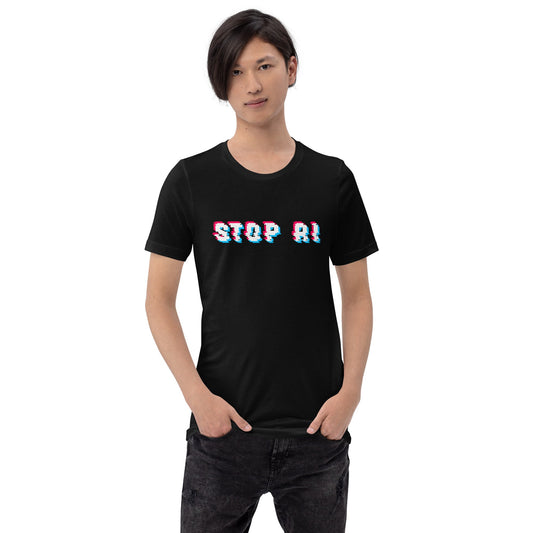 Product mockup photo of the Stop AI Pixel Glitch T Shirt (unisex).