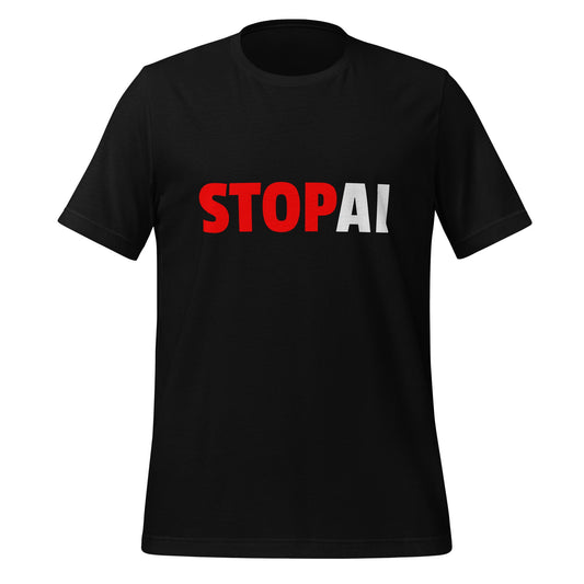 Product mockup photo of the Stop AI T Shirt 3 (unisex) Black / M.