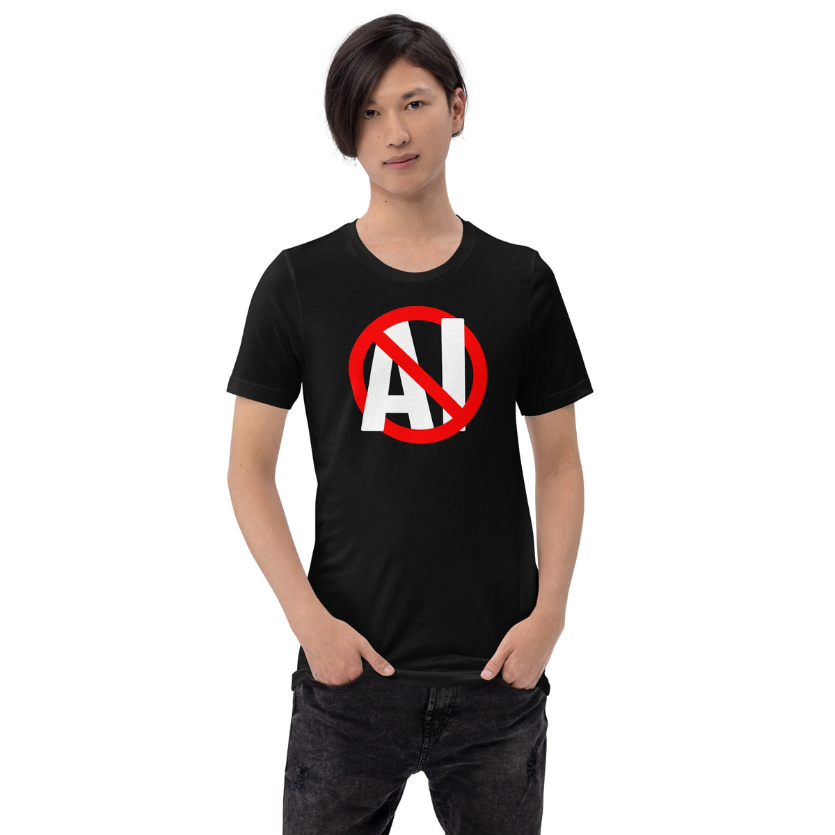 Mockup image of the Stop AI T Shirt (unisex).