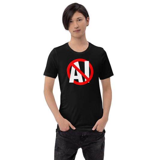 Mockup image of the Stop AI T Shirt (unisex).