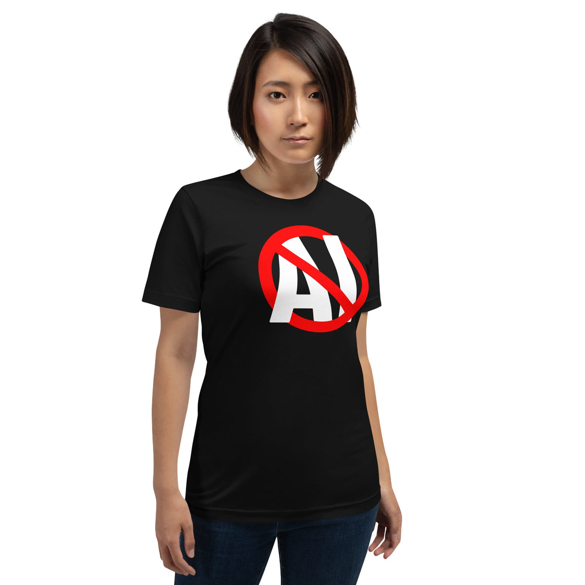 Mockup image of the Stop AI T Shirt (unisex).
