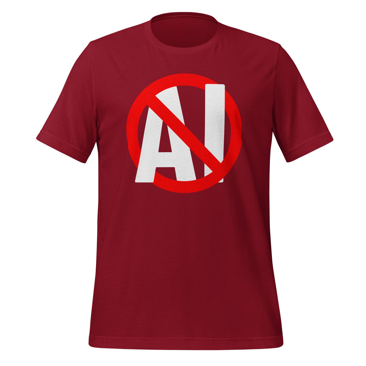 Mockup image of the Stop AI T Shirt (unisex) Cardinal / M.