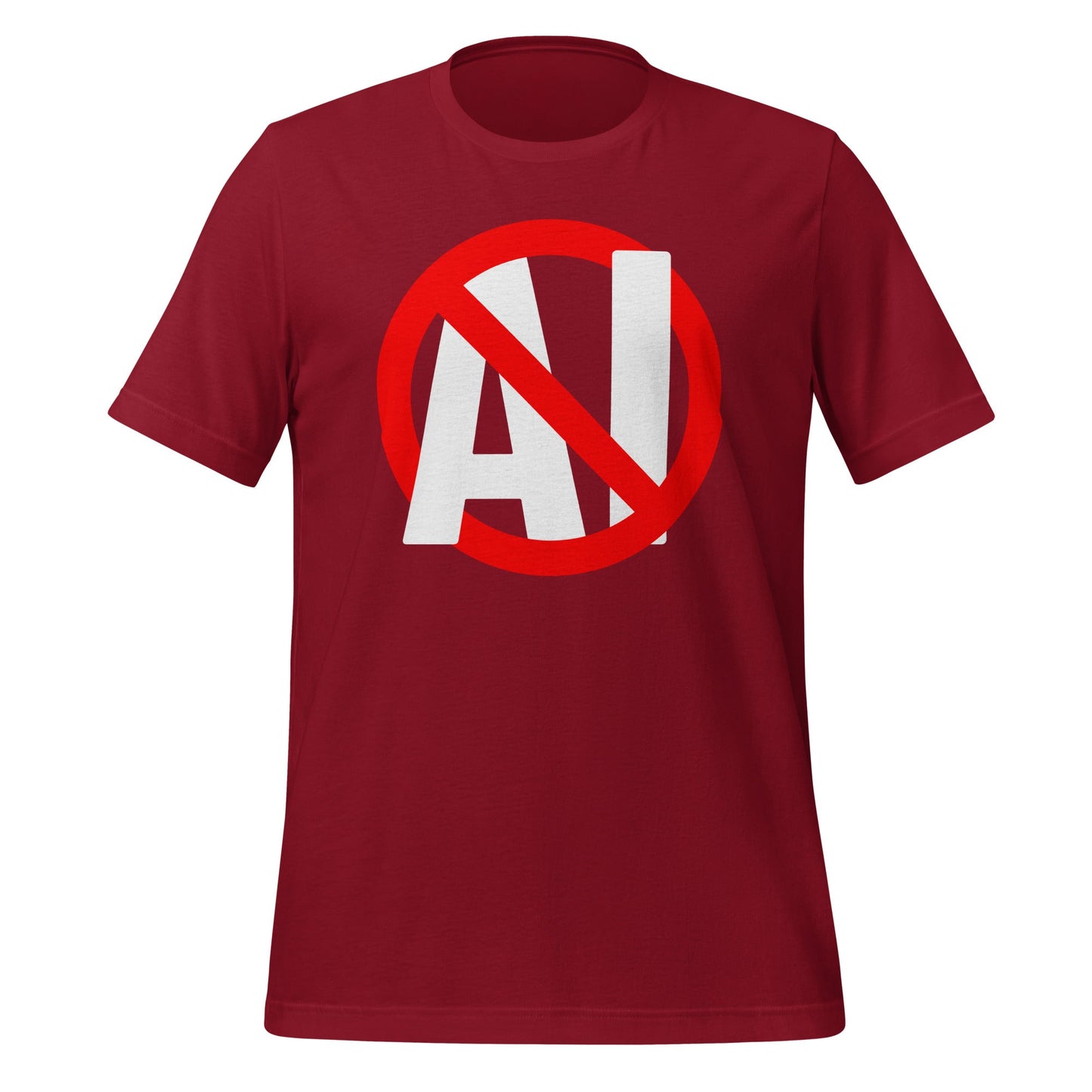 Mockup image of the Stop AI T Shirt (unisex) Cardinal / M.