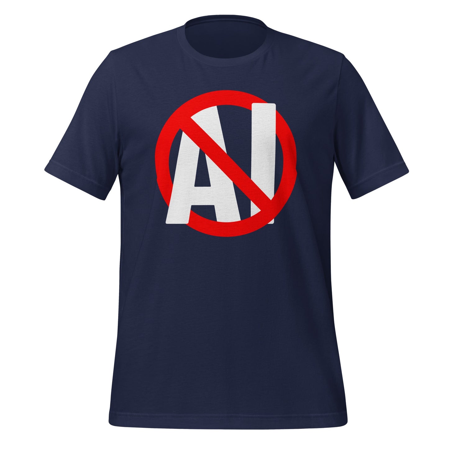 Mockup image of the Stop AI T Shirt (unisex) Navy / M.
