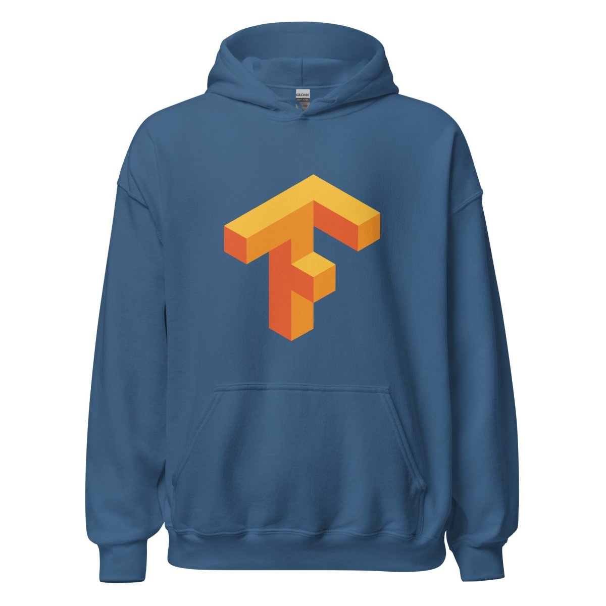 Product mockup photo of the TensorFlow 1 Hoodie (unisex) Indigo Blue / M.