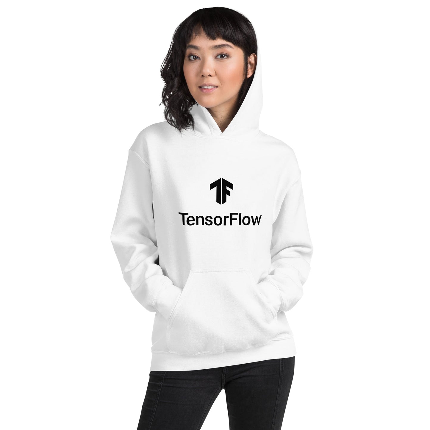 Product mockup photo of the TensorFlow 2 Black Stacked Logo Hoodie (unisex).