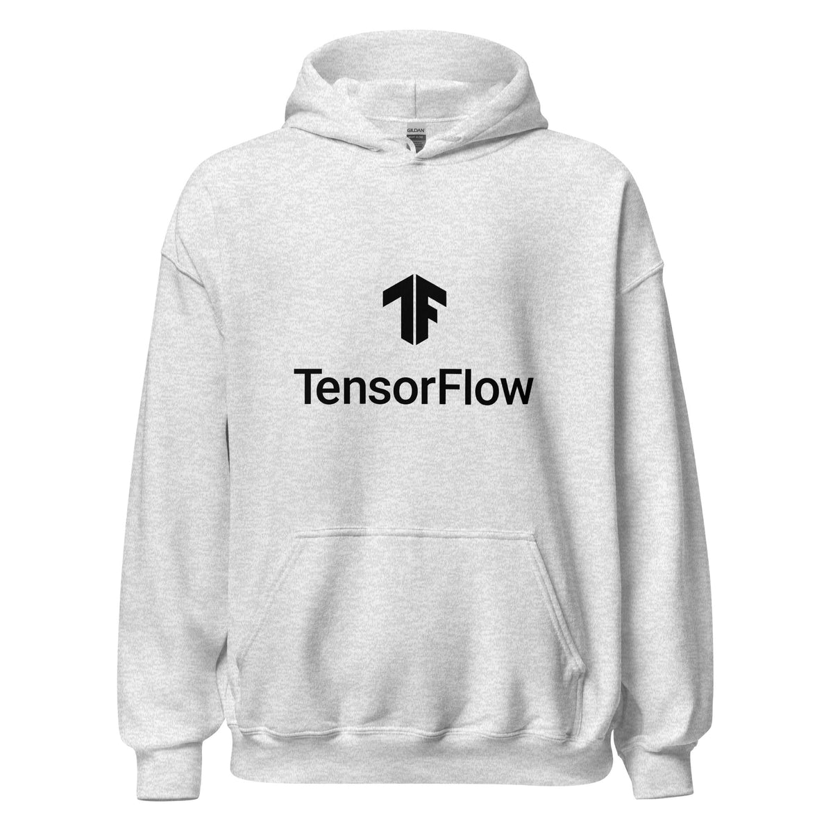 Product mockup photo of the TensorFlow 2 Black Stacked Logo Hoodie (unisex) Ash / M.